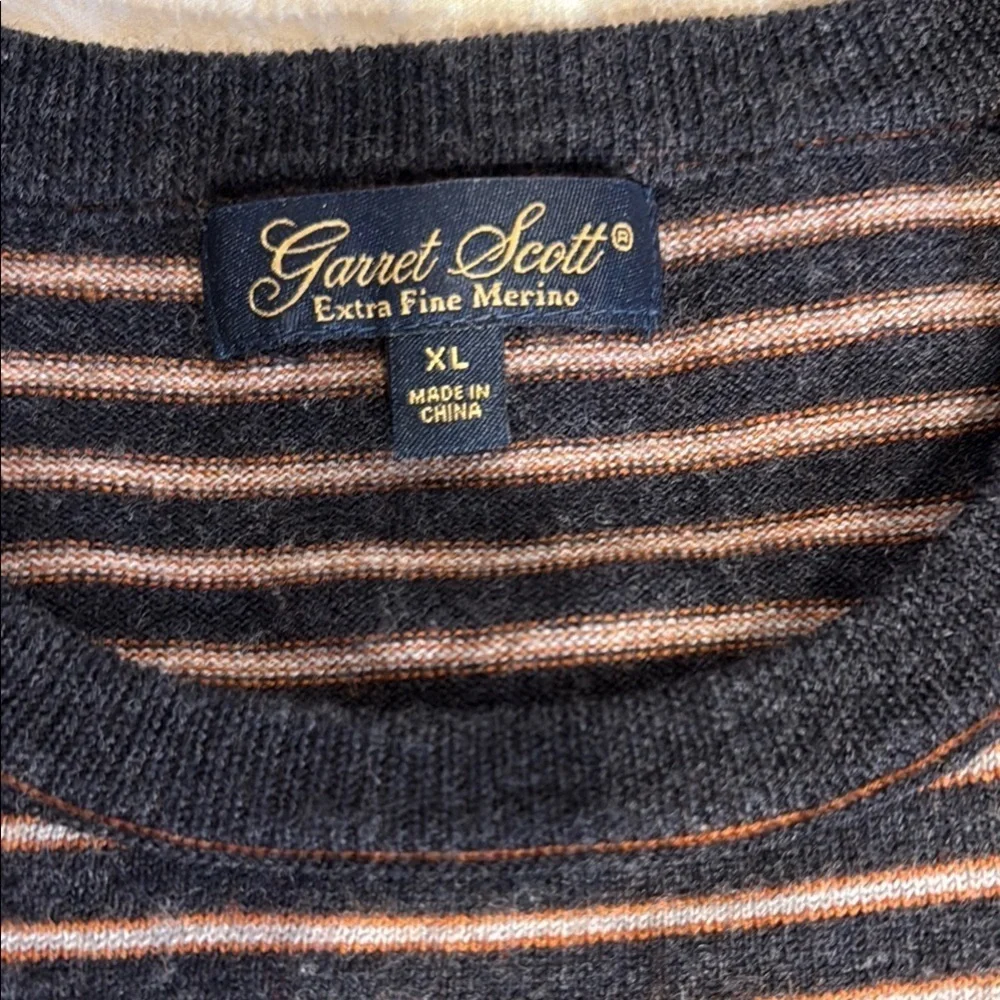 Garret Scott Men's Striped Heather Gray, Tan and Red Striped Merino Wool Sweater